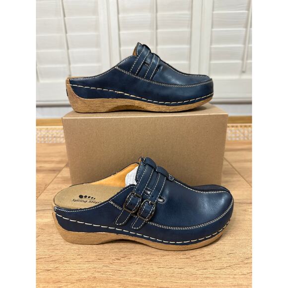 Spring Step Happy Slides Slip Ons Navy Leather Size 7.5/8 US 38 EU NWOB Casual - Picture 2 of 13